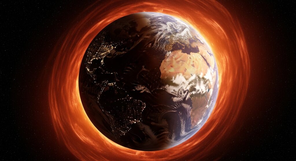 Earth wrapped in glowing heat haze representing greenhouse effect