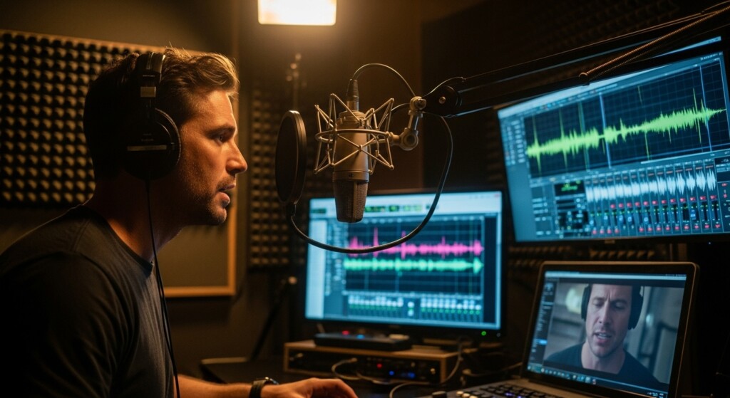 actor in recording booth re recording dialogue with waveform monitors