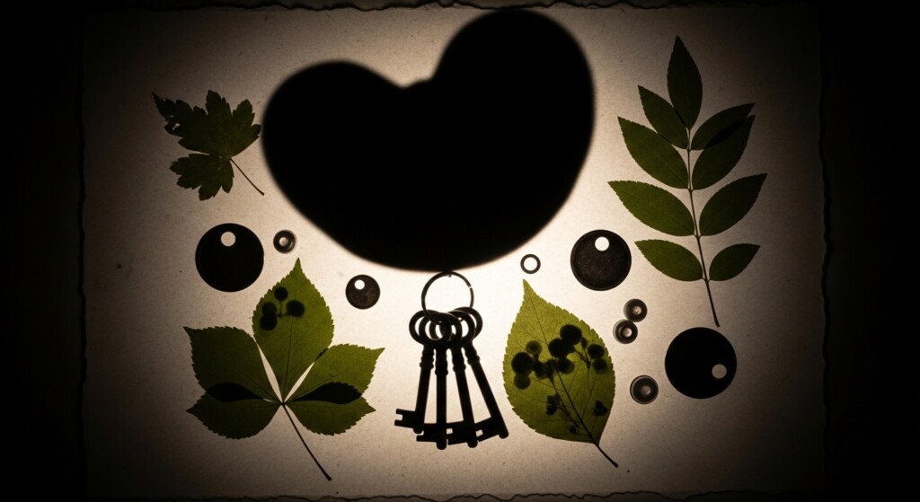 artistic photogram silhouette of leaves keys and small objects glowing on dark paper