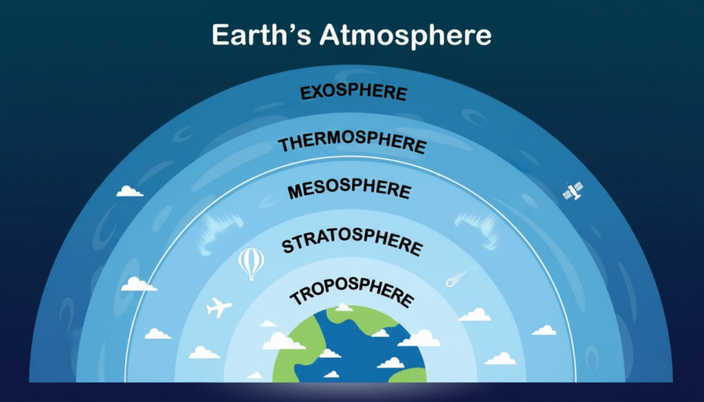 atmospheric layers drawn above Earth with color gradient