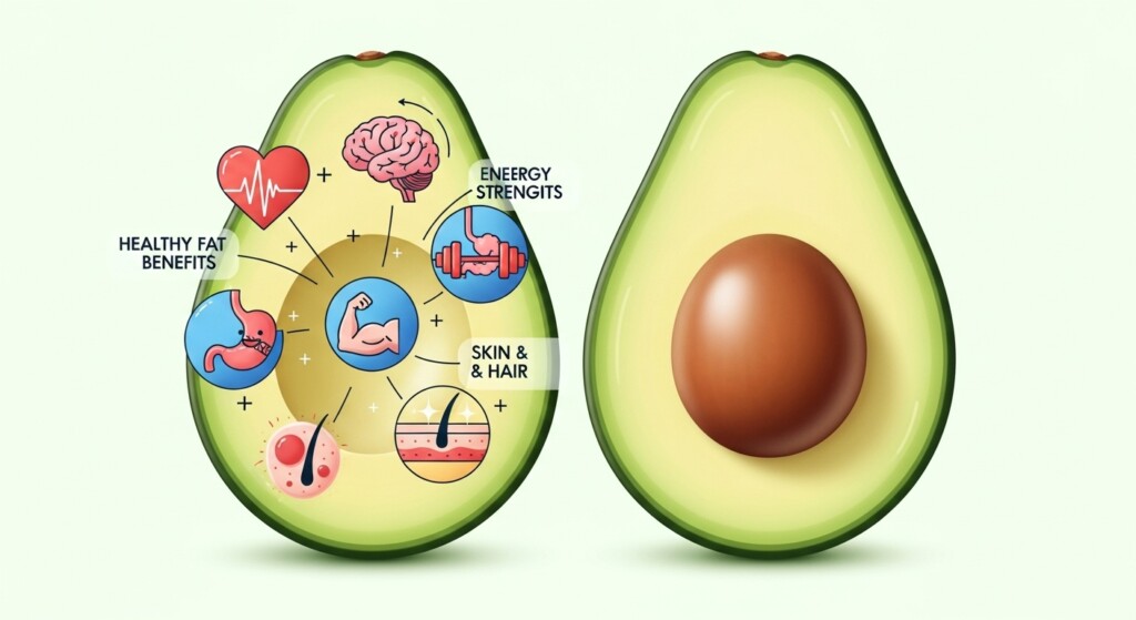 avocado sliced open showing healthy fat benefits illustration
