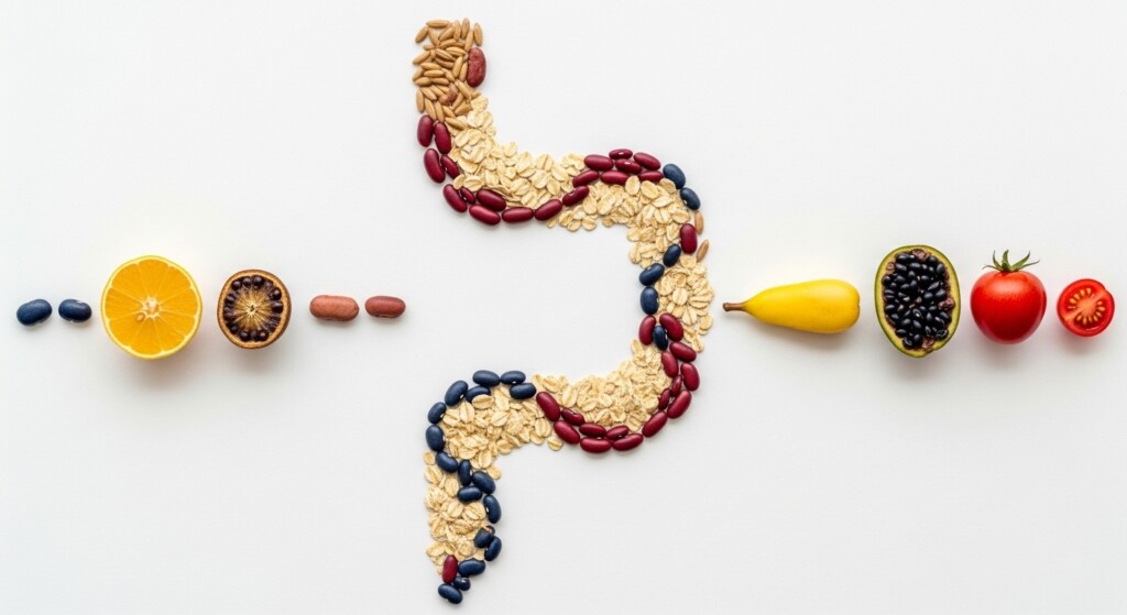beans oats fruits arranged as fiber rich digestive health symbols