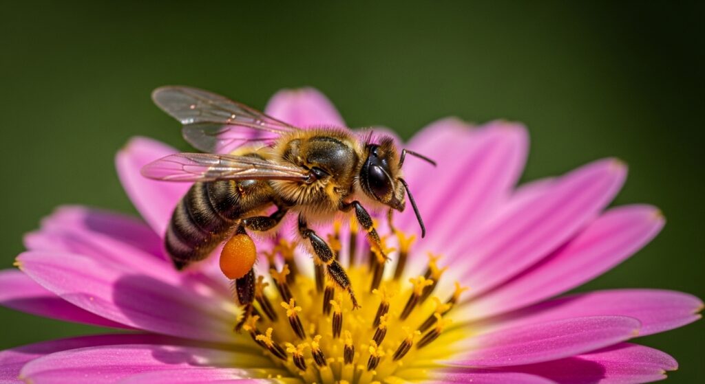 bee covered in pollen landing on colorful flower