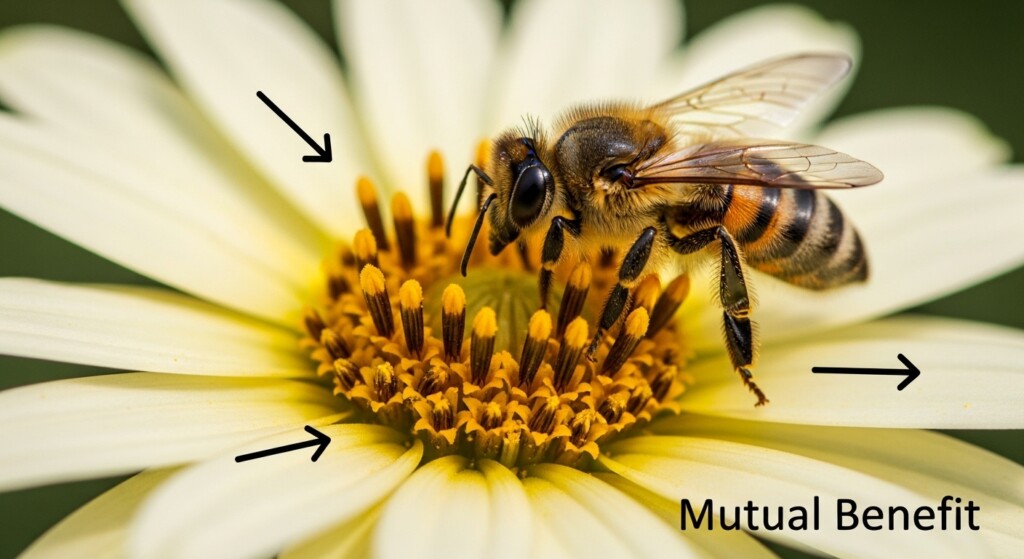 bee pollinating a bright flower with mutual benefit arrows