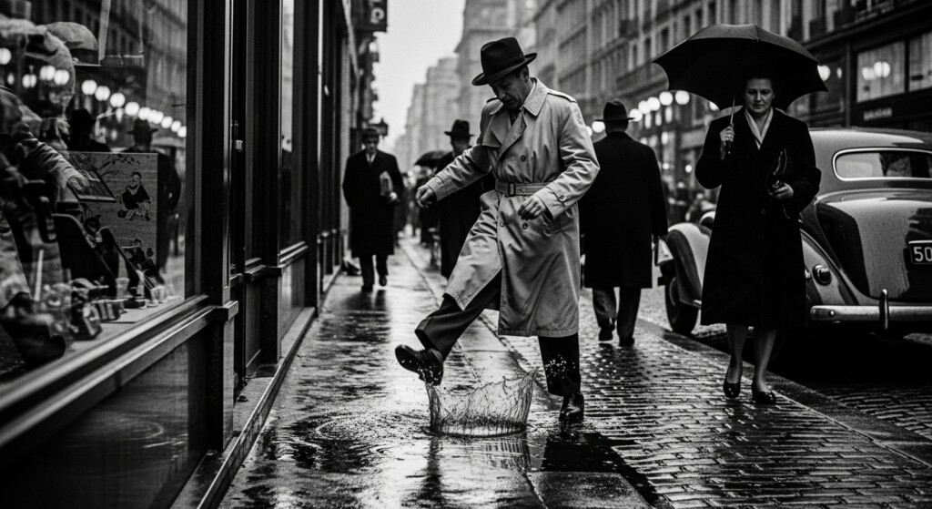 black and white street photo in cartier bresson style essential motion frozen