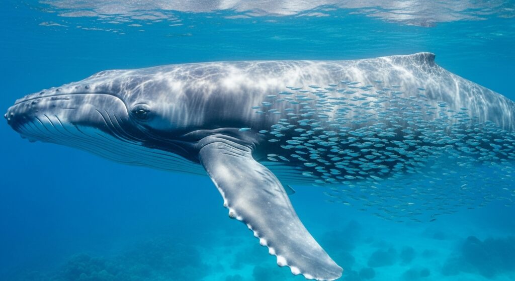 blue whale swimming alongside tiny fish for scale