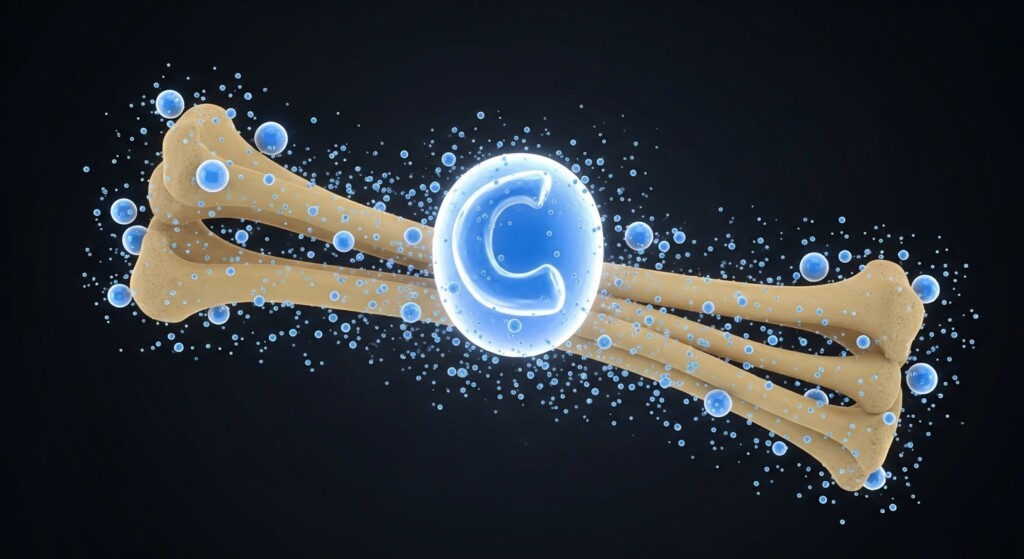 bones glowing with calcium particles surrounding them