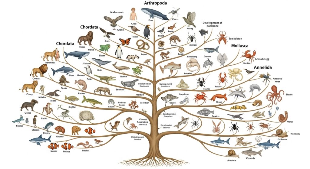 branching evolutionary tree diagram with animals illustrated