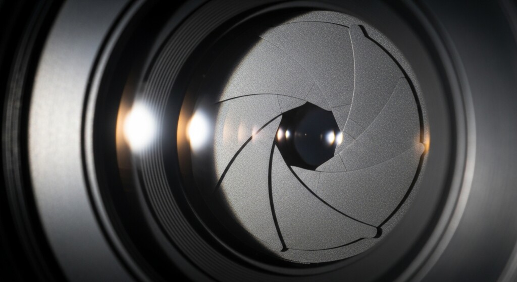camera lens with aperture blades opening and closing illuminated