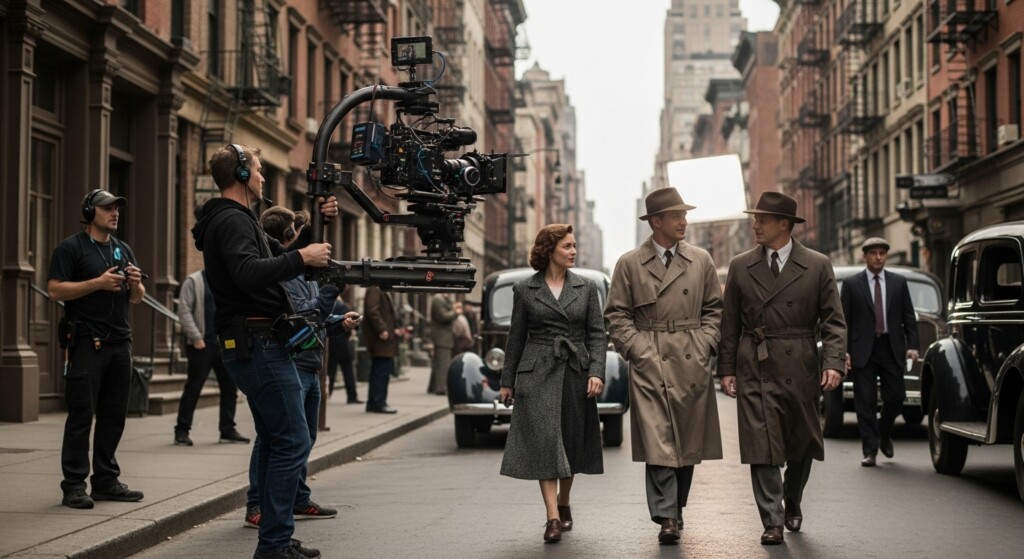 camera on gimbal moving through film set with actors walking