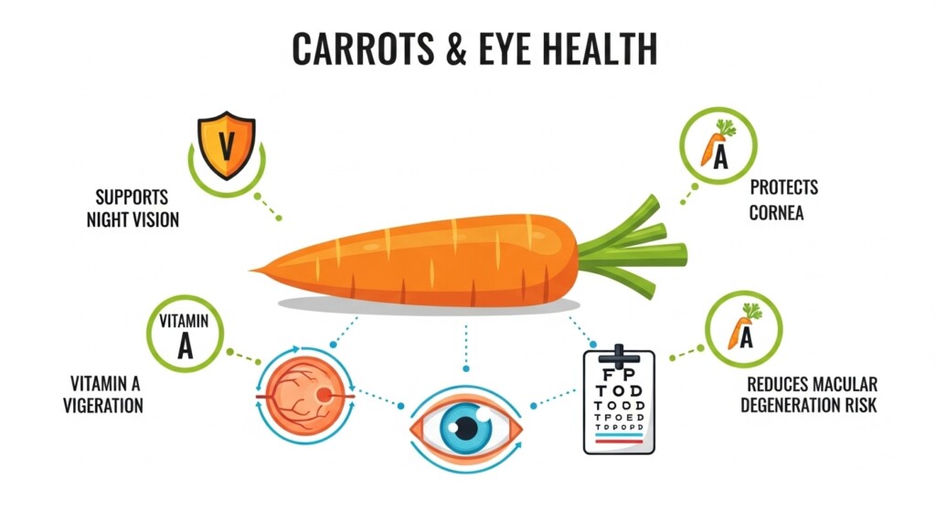 carrot and eye health infographic with vitamin a icons