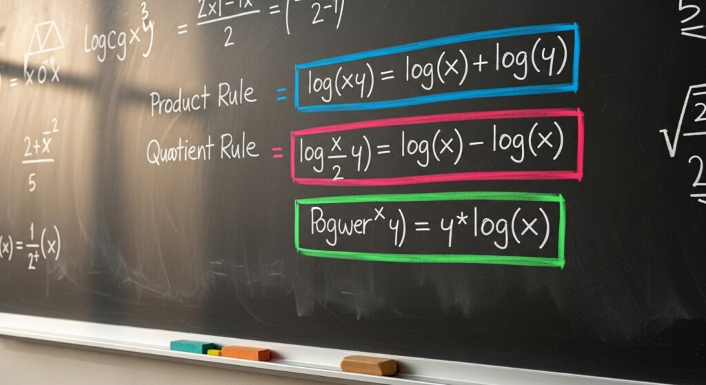 chalkboard with log properties highlighted in bright colors