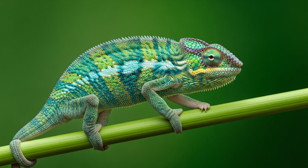 chameleon shifting colors on a green branch