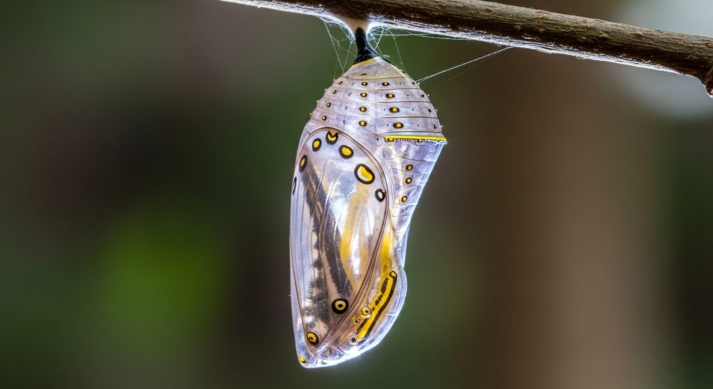 chrysalis with butterfly wings forming inside translucent pupa