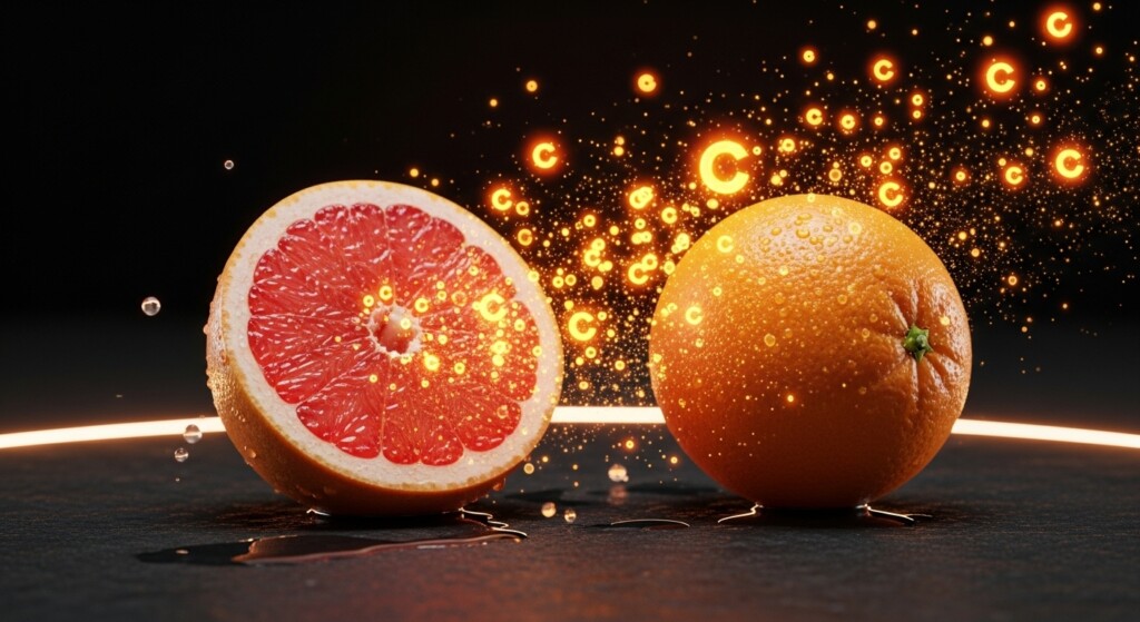citrus fruits releasing vitamin C particles glowing around immune cells