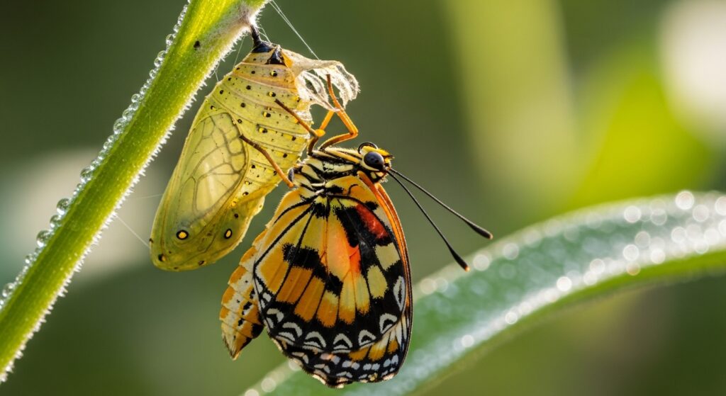 close up chrysalis opening with butterfly emerging