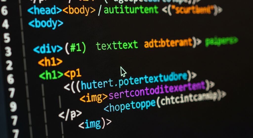 code editor screen showing colorful HTML tags and structure
