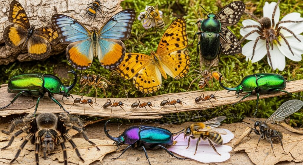 collage of insects including butterflies beetles ants bees and spiders on a natural background