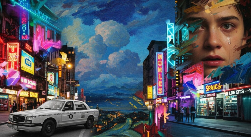 collage of photography paintings digital art and film cinematography blended together