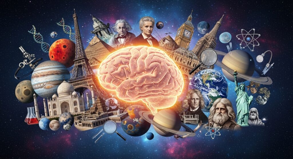 collage of world landmarks planets scientific icons and historical figures floating around a glowing brain
