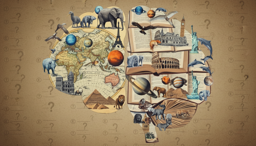 collage of world map books planets animals and famous monuments forming a brain shaped silhouette