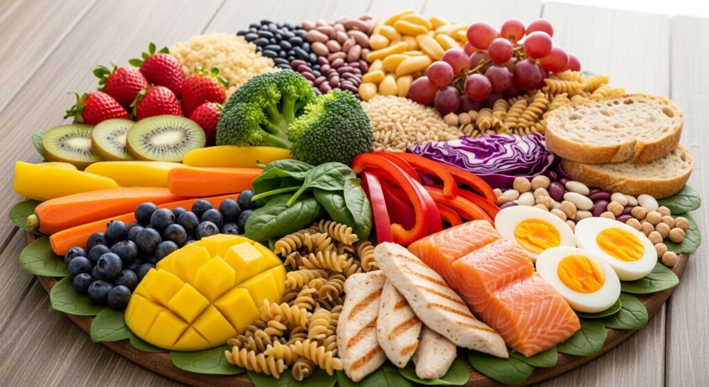 colorful arrangement of fruits vegetables grains and proteins forming a balanced diet