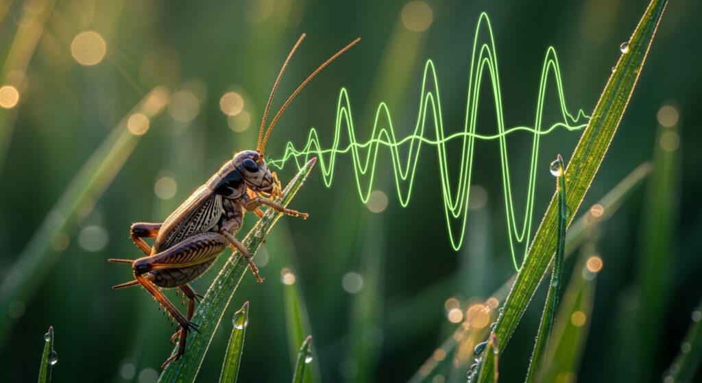 cricket on grass with illustrated chirping sound waves