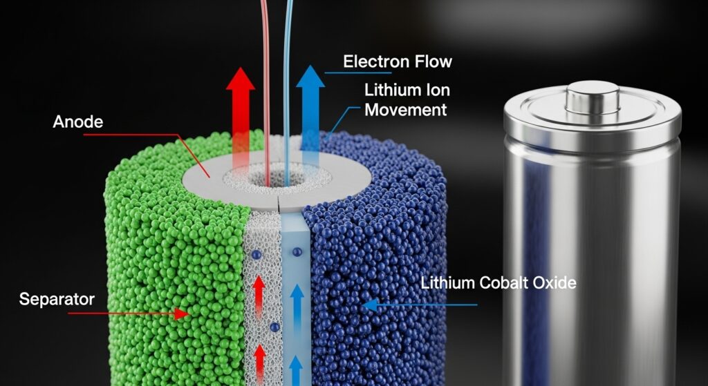 cross section of a battery with ions moving between electrodes