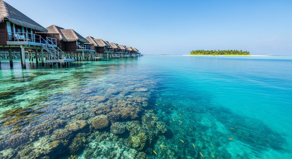 crystal blue waters of Maldives overwater bungalows shallow reefs visible