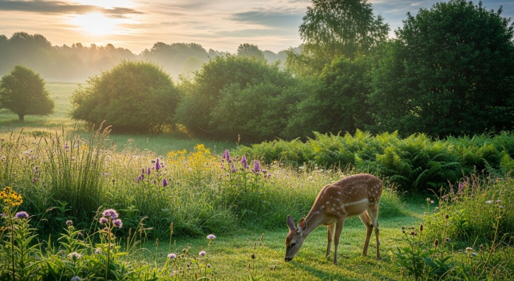 deer grazing in meadow surrounded by green vegetation