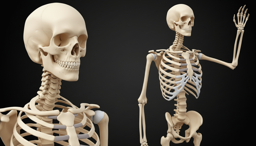 detailed anatomical skeleton diagram with labeled bones modern 3D illustration