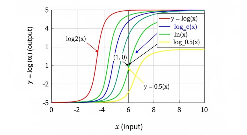 detailed logarithm graph with labeled axes and base changes