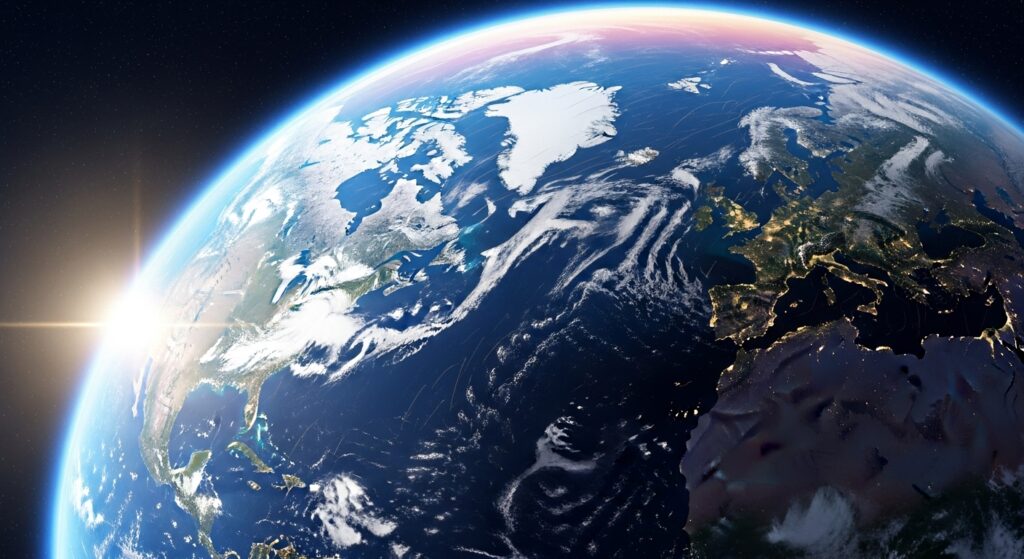 dynamic illustration of a spinning Earth with clouds sunlight and atmospheric patterns