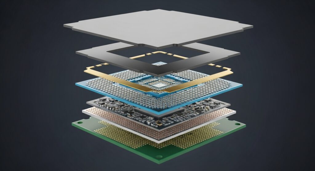 exploded view of CPU layers showing transistors and circuits
