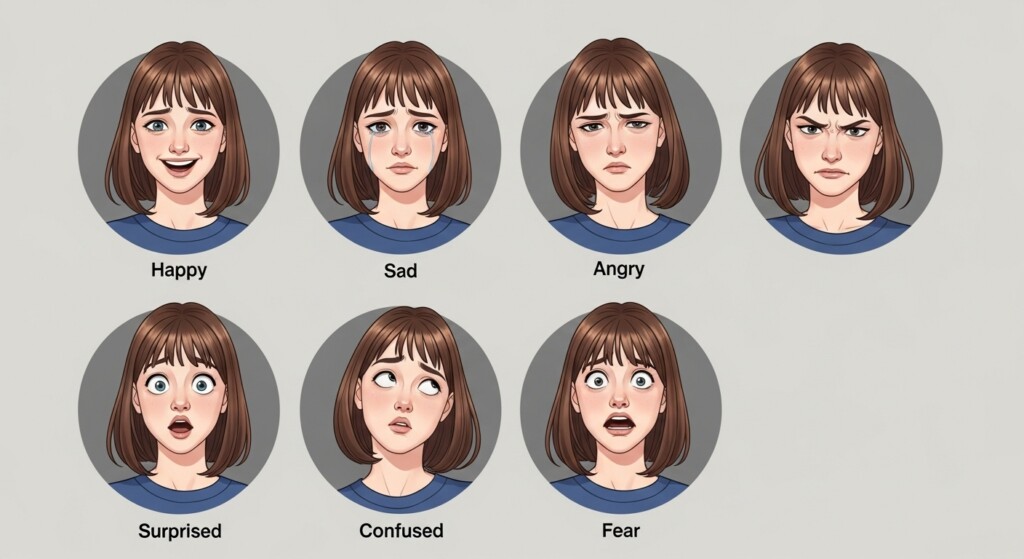 expression sheet showing a character in various emotional poses