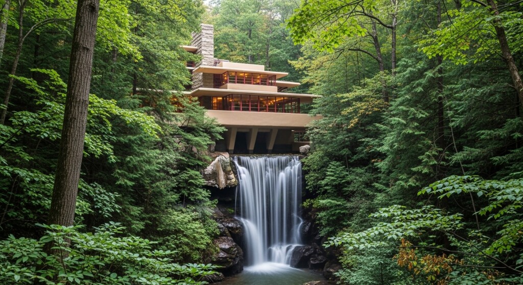 fallingwater house over waterfall surrounded by forest nature integration