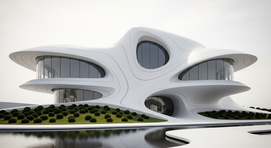 flowing white futuristic building with curved shapes inspired by zaha hadid