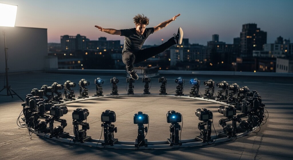 frozen action mid air surrounded by rotating camera array visual effect