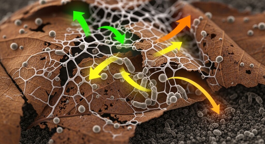 fungi and bacteria breaking down decaying leaves with nutrient arrows