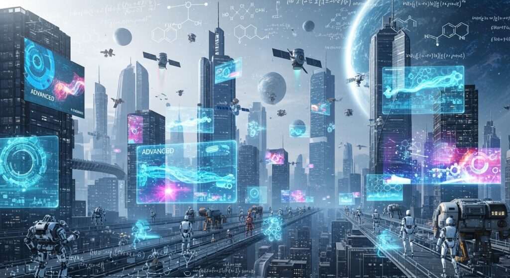 futuristic city with holograms satellites robots and scientific formula overlays