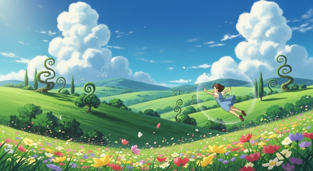 gentle anime style landscape with flying character inspired by miyazaki s work