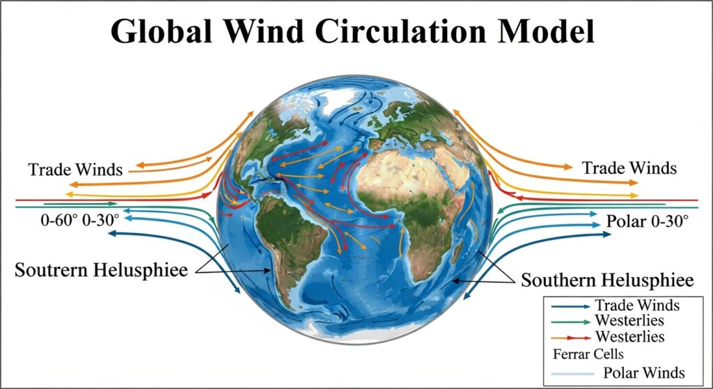 global wind circulation model with arrows for trade winds westerlies polar winds