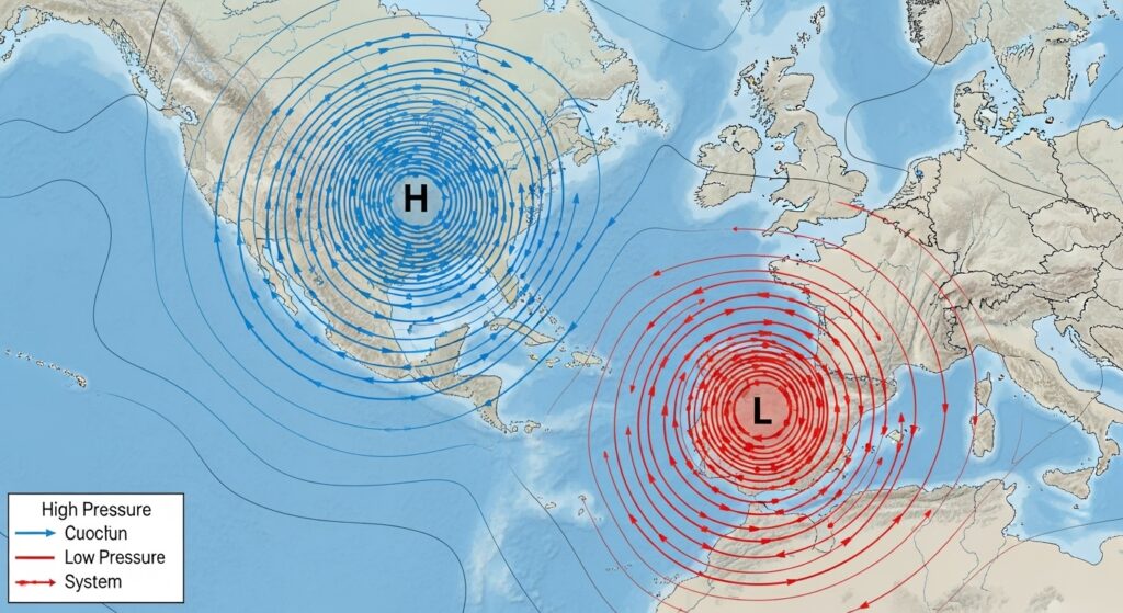 high and low pressure map with arrows showing airflow