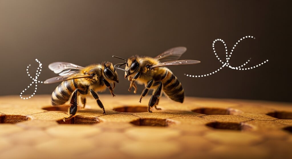 honeybee performing waggle dance inside hive with dotted motion trails