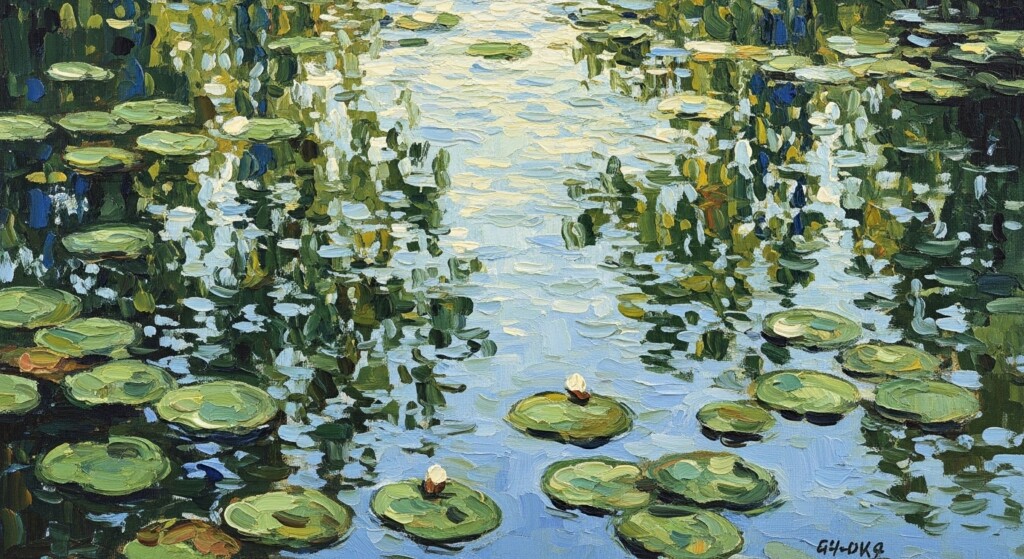 impressionist brush strokes showing water reflections and lily pads