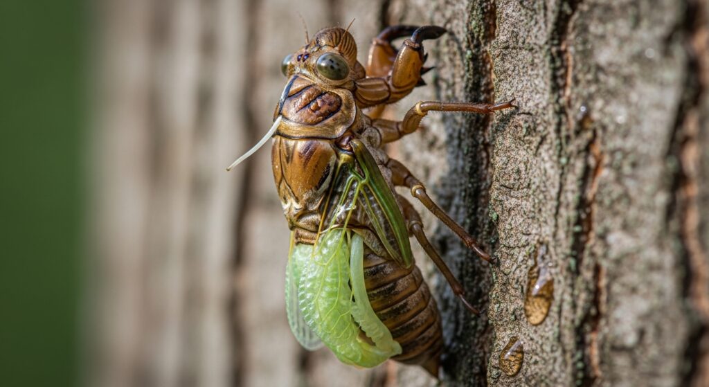 insect shedding exoskeleton with new soft body visible