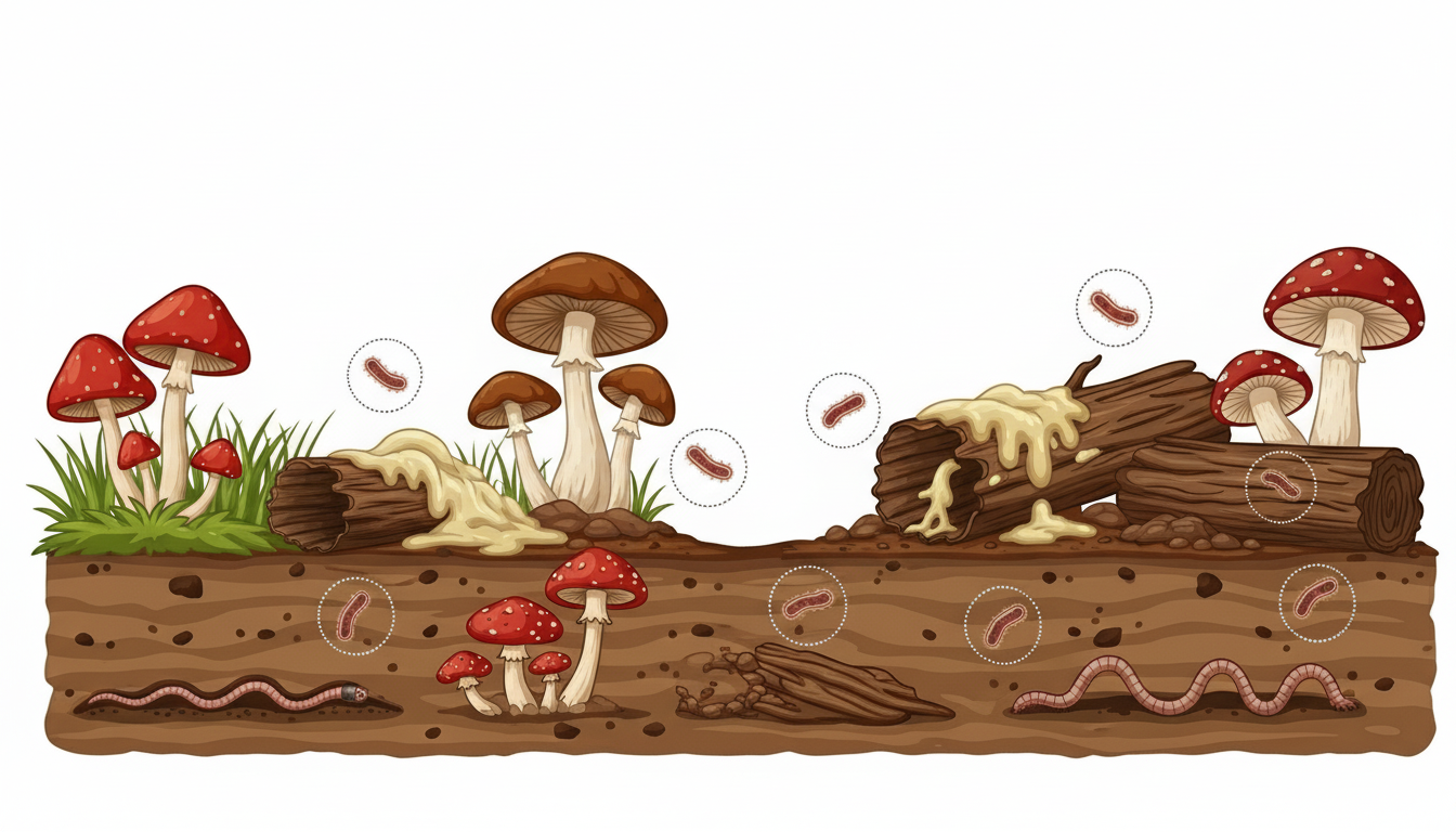 interconnected ecosystem diagram showing plants insects animals and decomposers