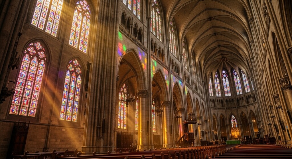 interior of gothic cathedral with beams of light entering colorful stained glass windows