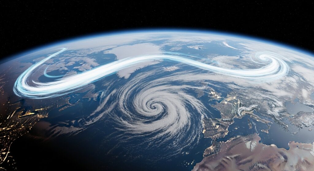 jet stream swirling across Earth from space with highlighted wind path