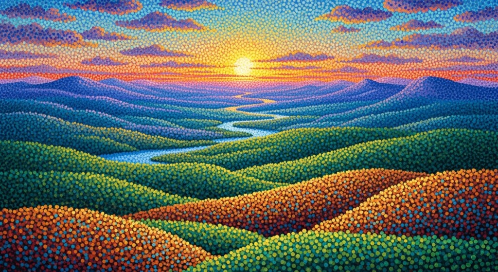 landscape composed of tiny colored dots blending from afar